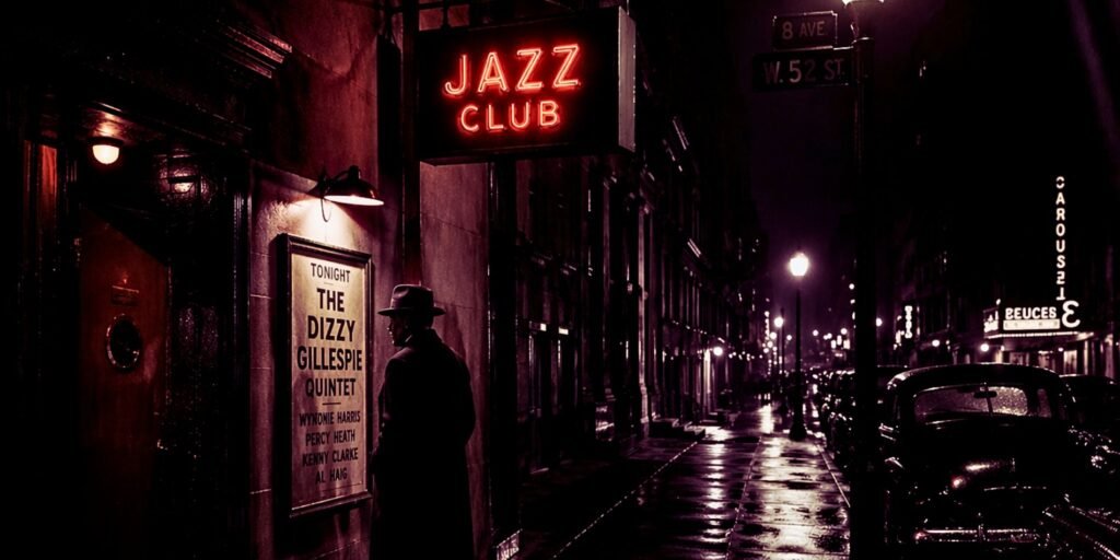 An urban street on a dark wet night, pavements glistening, a man in the foreground wearing a hat is looking at a poster ad for a jazz gig beneath a bright sign for a jazz club